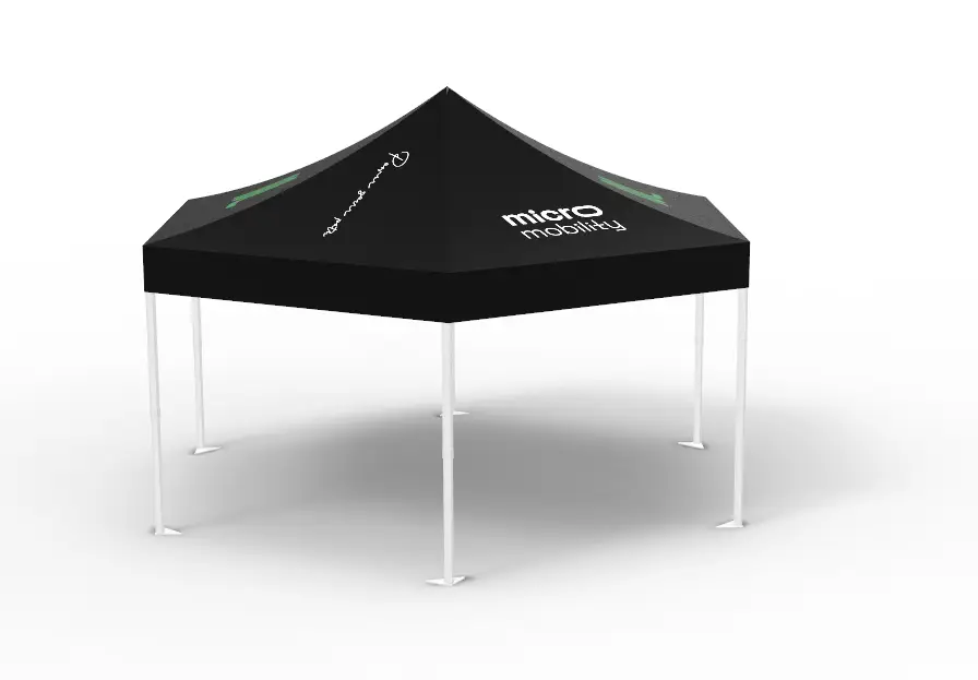 Custom printed high-peak spider tent providing shade and branding for outdoor activations.